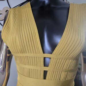 🍯Mustard Ribbed Bandage Midi Dress | Deep V Cutout | Size Small
